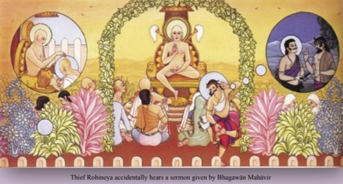 Thief Rohineya accidentally hears a sermon given by Bhagawän Mahävir 