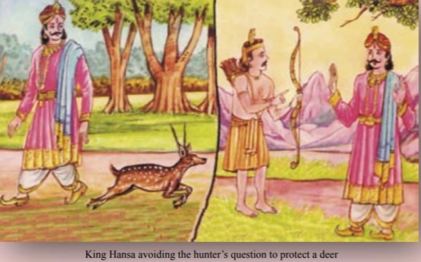 King Hansa avoiding the hunter’s question to protect a deer